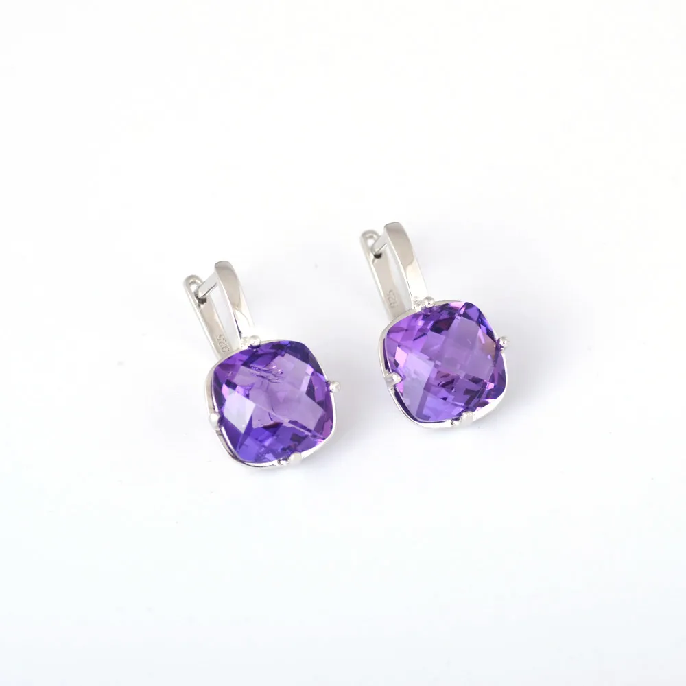 Elegant Natural Amethyst Earrings Sterling 925 Silver Crystal for Woman Lady Party Birthday Jewelry Gift Box Free Shipping