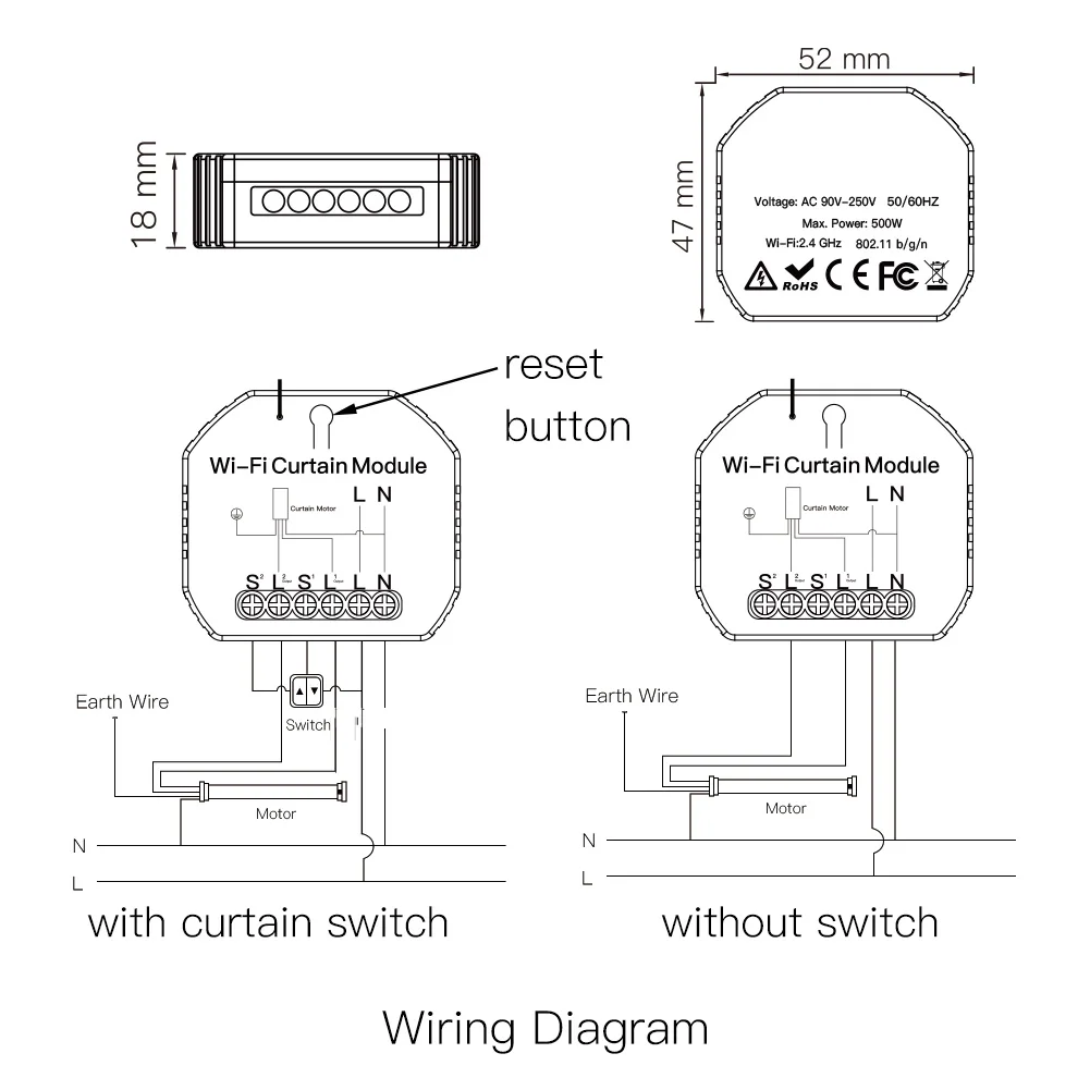 AC 220V WiFi Mini Smart Curtain Switch Module Roller Blinds Shutter for AC Motor,RF433mhz,Tuya Smart Life,Alexa Google Assistant