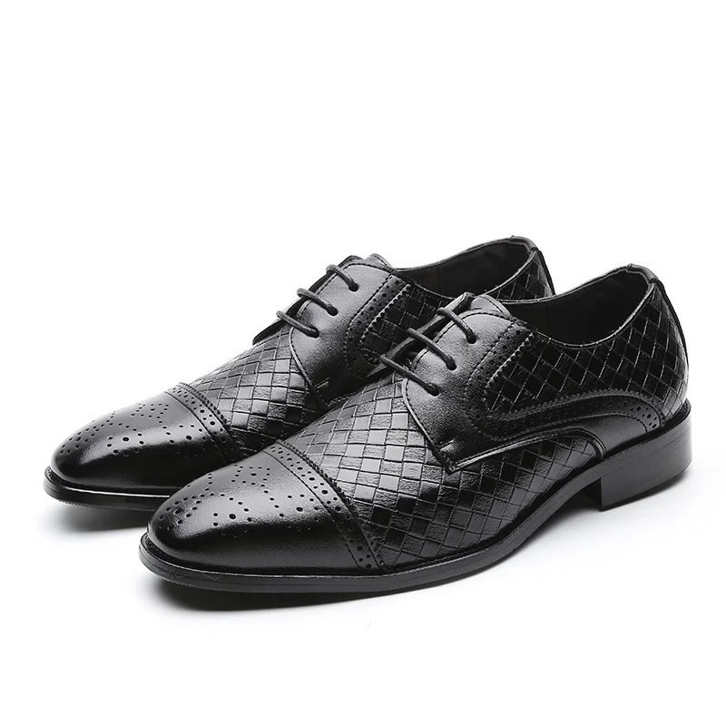 Men\'s Woven Leather Dress Shoes Mens Classic Vintage Derby Shoes Brogue Shoes Men Lace-Up Business Office Party Wedding Shoes