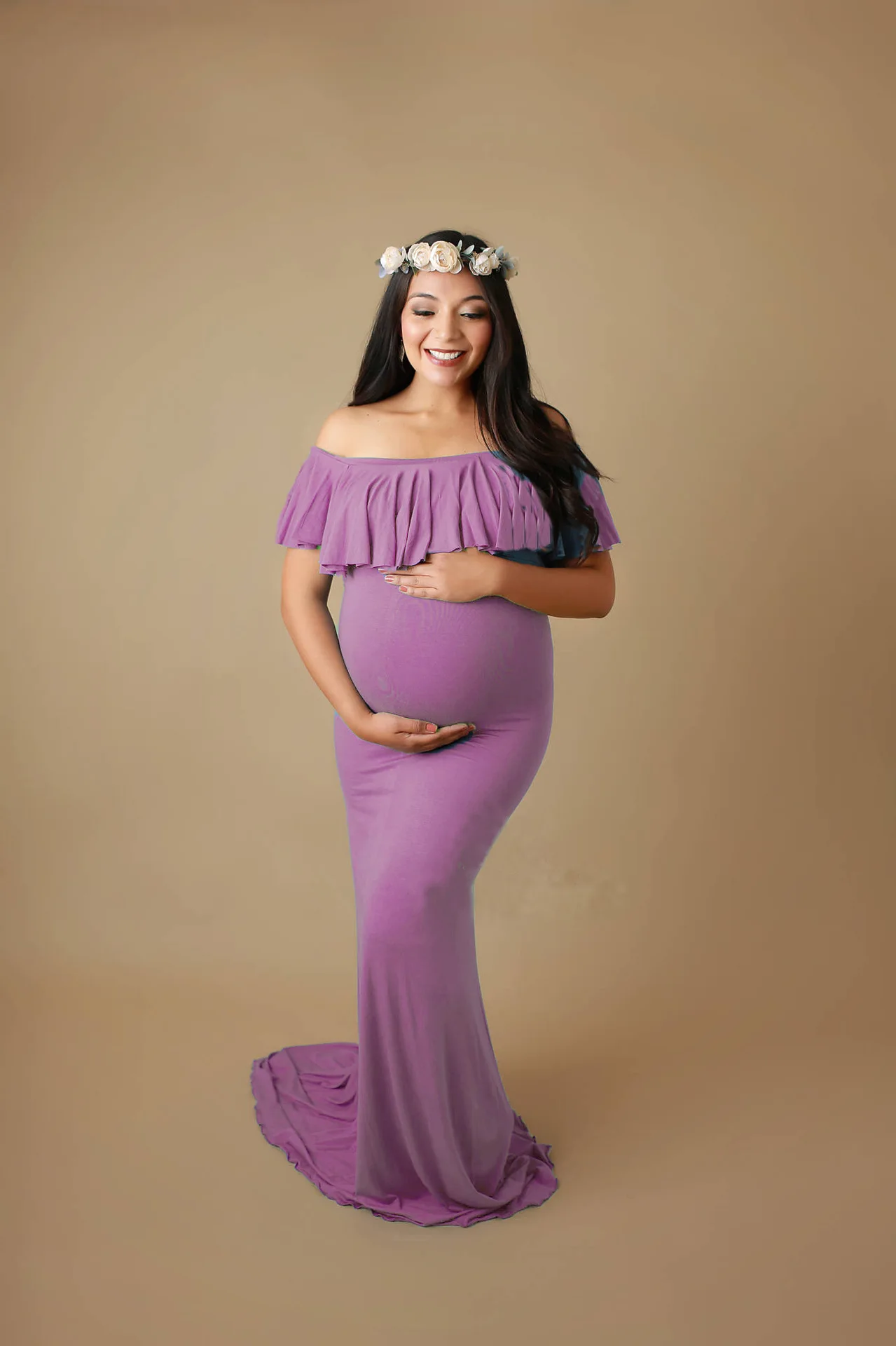 High Split Maternity Dresses for Baby Showers Photo Shoot Off Shoulder Long Sleeve Maxi Gown Pregnancy Dress Photography Props