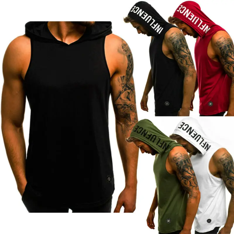 New Men\'s Summer Cool Hooded Sweatshirt Sleeveless Muscle Bodybuilding Hoodie