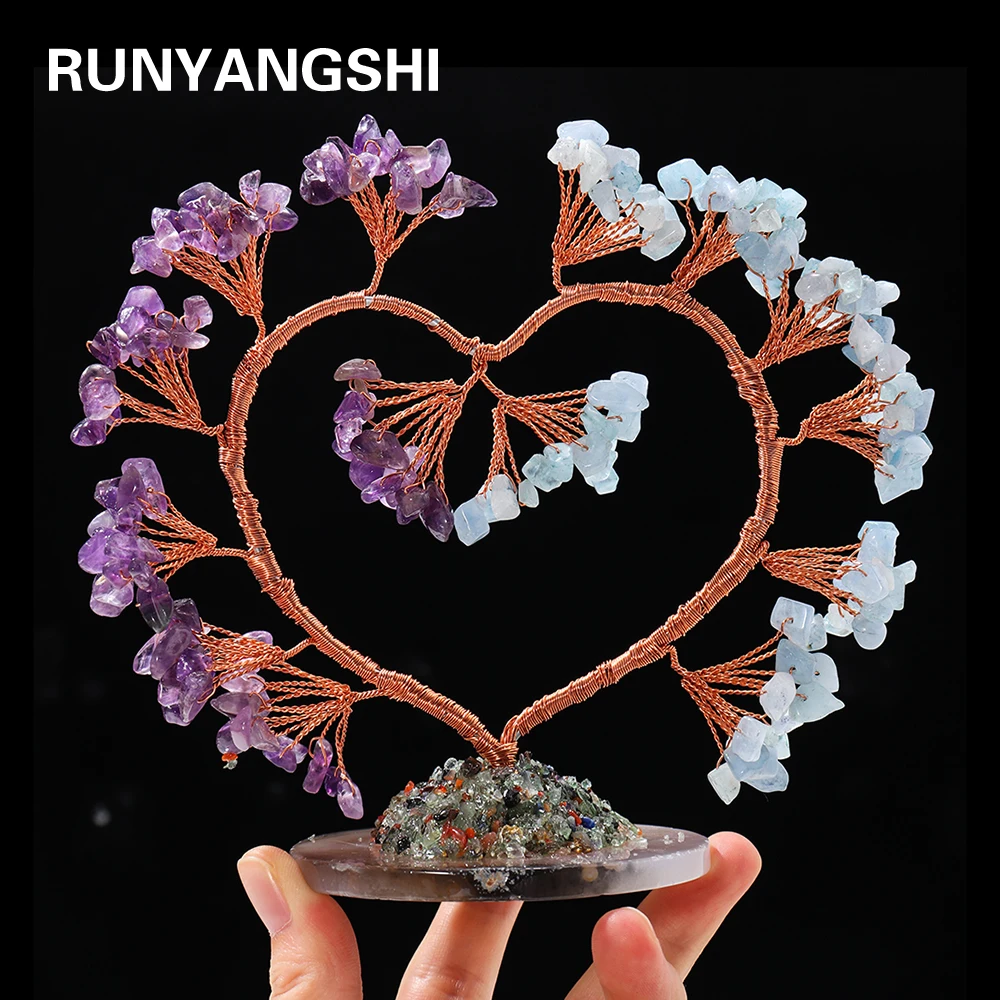 RUNYANGSHI Natural Heart Shaped Lucky Tree Quartz Gravel Handicraft Ornaments Amethyst Christmas Tree Gift