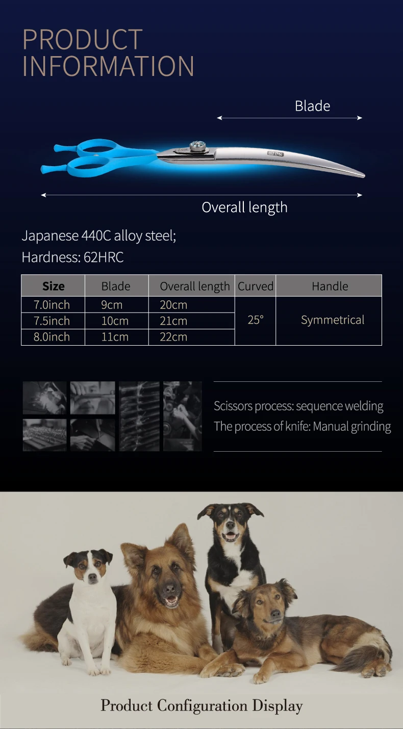 Fenice 7,0 7,5 8,0 Zoll professionelle schwarze Fellschere gebogene Schere für Teddy/Pommerinnen Hunde Haustierpflegewerkzeuge JP 440C – Detail 2