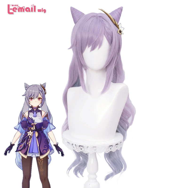 L-email wig Game Genshin Impact Keqing Cosplay Wigs Ponytails Mixed Purple Cosplay Wig with Ears Heat Resistant Synthetic Hair