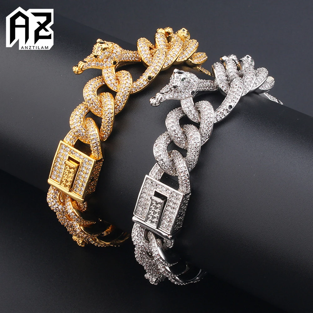 AZ Cool Iced Out Leopard Head Cuban Link Chain Bracelets For Men Women With Bling Zircon Stone Hip Hop Miami Link Hand Chain