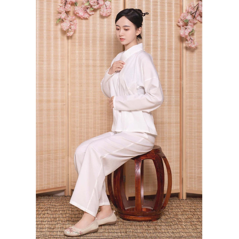 Chinese Girl Classic White Inner Hanfu Top Long Sleeve Women Chinese Blouse Cross Collar Men Shirt Pants Trousers Sleepwear