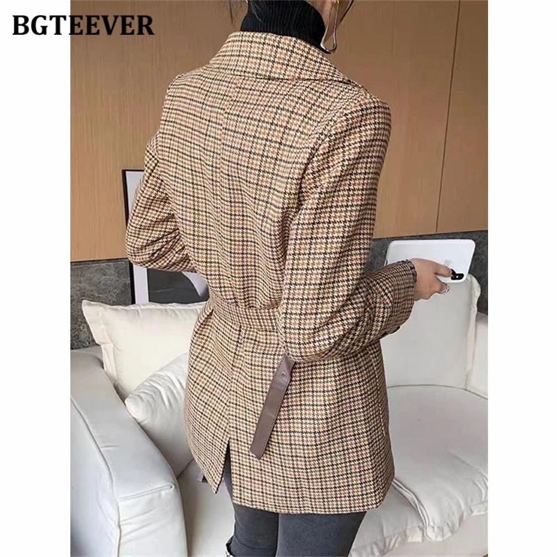 BGTEEVER Vintage Double Breasted Women Houndstooth Plaid Suit Blazer 2021 Spring Full Sleeve Sashes Belted Female Blazer Outwear