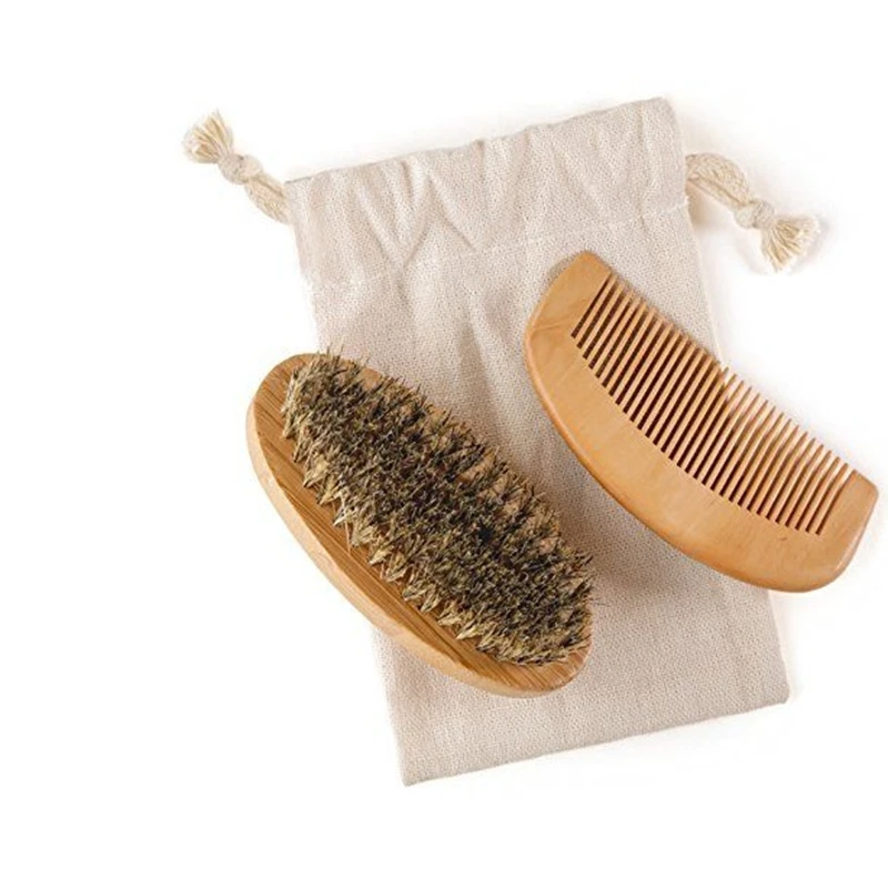 500sets   3 in 1 kits 8x4x3cm Mini Wood Bristles Beard Brush Men wooden brushes + Mustache Comb  + pouch