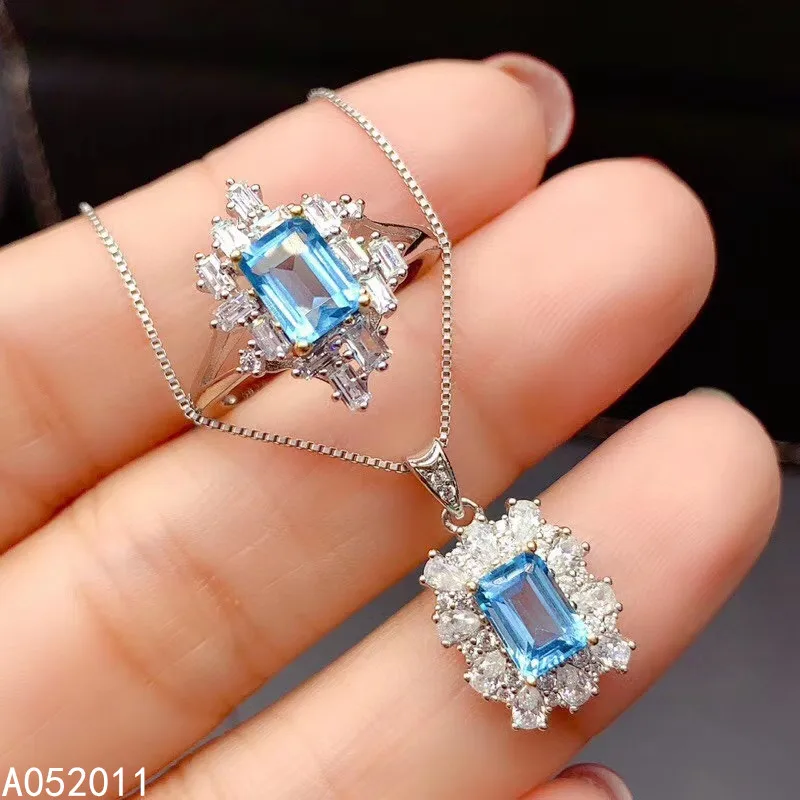 

KJJEAXCMY fine jewelry natural blue topaz 925 sterling silver girl new pendant necklace ring set Gift Birthday Party Wedding Eng