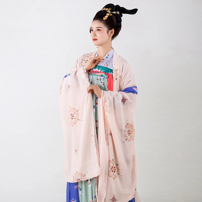 Chinese National Trend Hanfu Han Element Wide Sleeve Wide Hem Embroidery Hanfu Print Chiffon High Waist Ruqun for Students