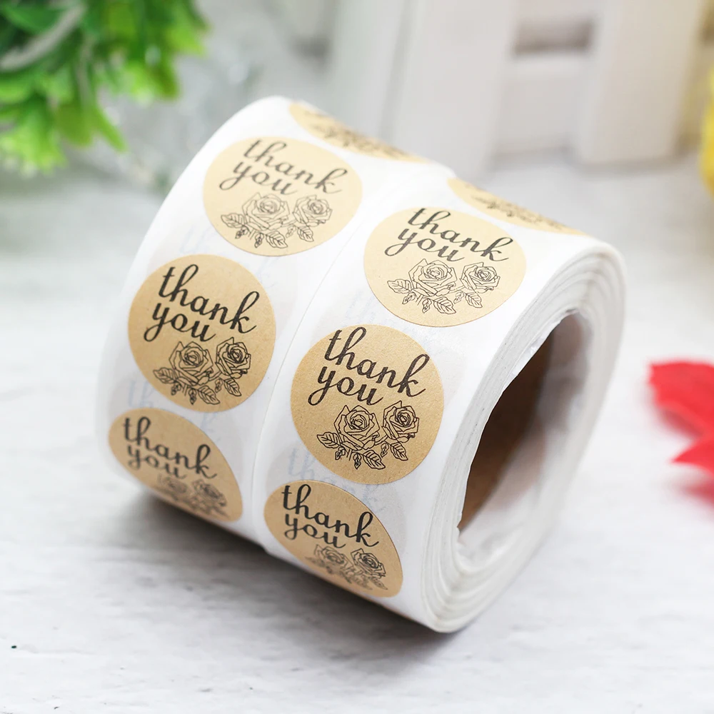 500pcs/Roll Round Kraft Thank You Seal Label Stickers Rose Flower Pattern Sticker For Party Gift Decoration Stationery Stickers