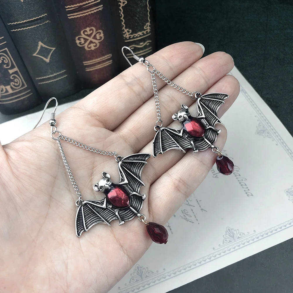 Dark Gothic Drop Earrings For Women Exaggerated Red Vampire Bat Red Blood Waterdrop Glass Crystal Men's Earing Wholesale Jewelry