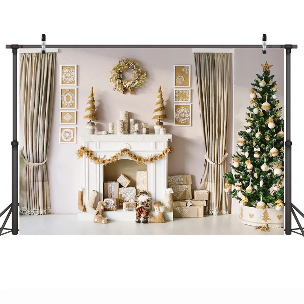 عيد الميلاد الشتاء خلفية الموقد الأبيض غرفة المعيشة الكبار الاطفال صورة خلفية جورب هدية شجرة عيد الميلاد الستار الديكور