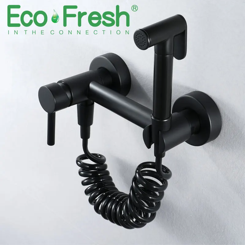 

Ecofresh Hot & Cold Mixer Toilet Bidet Sprayer Kit. Black Wall Mounted Bidet Faucet Quality Brass Women Flusher