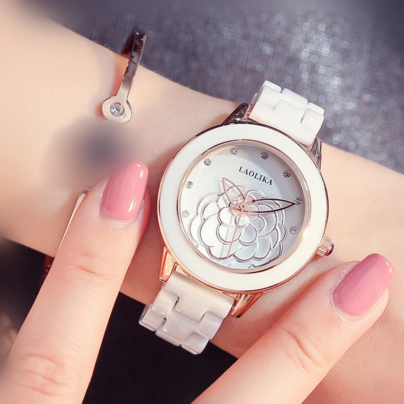 Bracelet Clasp  Fashion & Casual Gift Quartz Watch Trend Ladies Ceramics Petal pattern Golden pointer Wrist Watches for Women