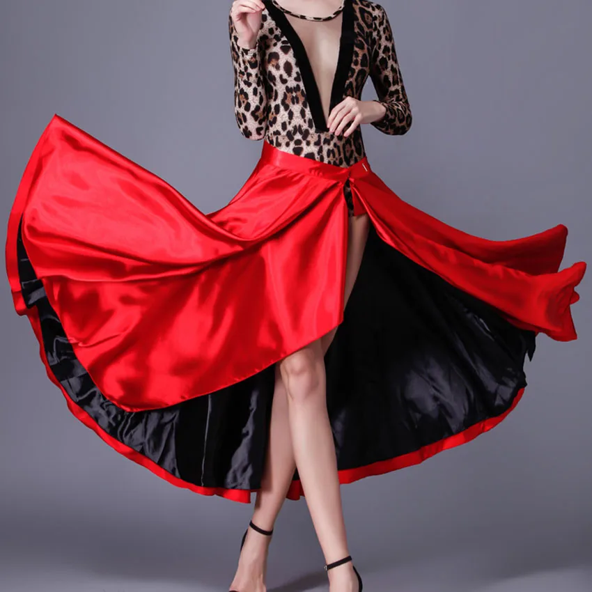 Performance Dancing Clothing Women Red Black Hook Loop Spanish Flamenco Skirt Plus Size Female Gypsy Girls Satin Silk Dress