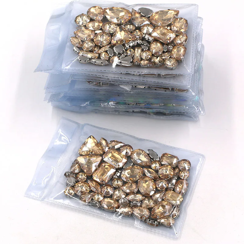 Wholesale 5 bags Champagne mixed shape rhinestones glass crystal sew on rhinestones whth sliver base claws diy clothing