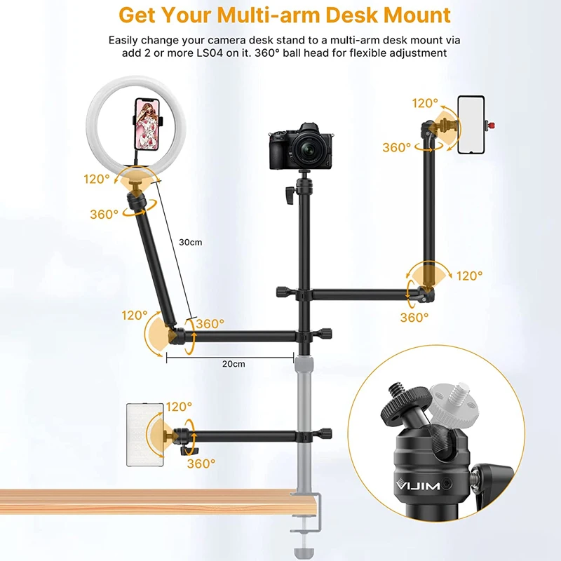 VIJIM LS04 Boom Arm Pipe Clamp Two-stage Extension Desk Mount Bracket Light Stand with 1/4 for Mic DSLR Camera Video Lights