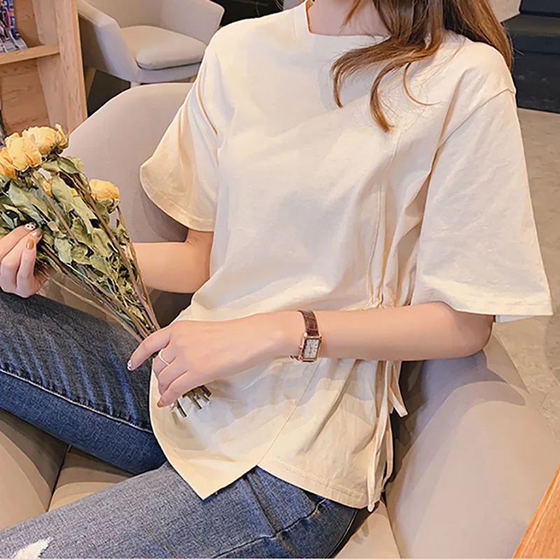 2021 Summer New Irregular Korean Slim Popular O-Neck Cotton Commute Drawstring Simple Short Sleeved T-shirt women top Tee Tshirt