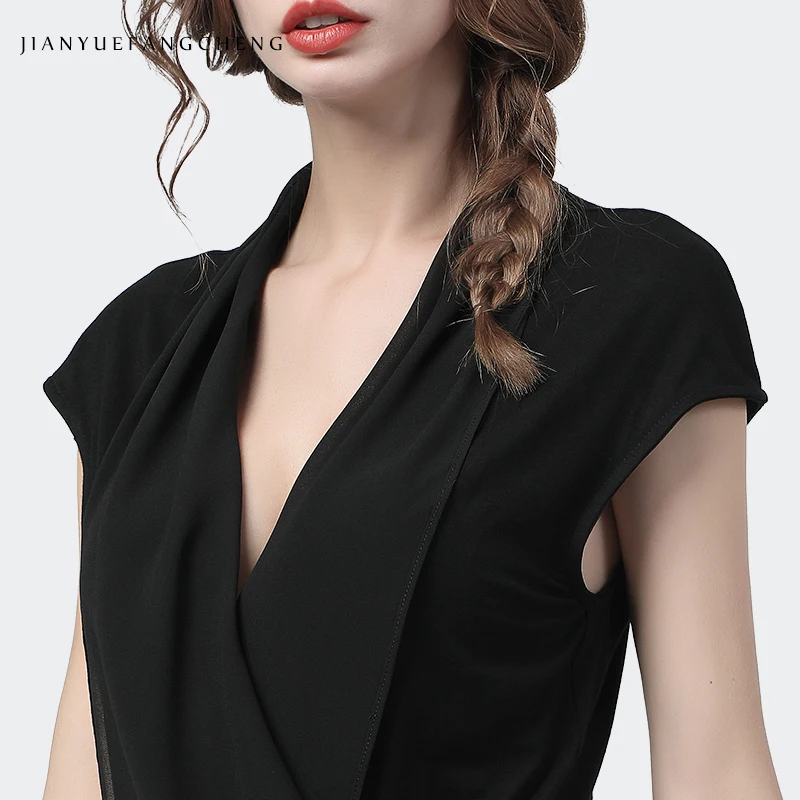 Fashion Chiffon Short Sleeve Women' Blouse New 2020 Ladies Summer Tops Crossed V-Neck Elegant Slim Knitted Viscose Black Shirt