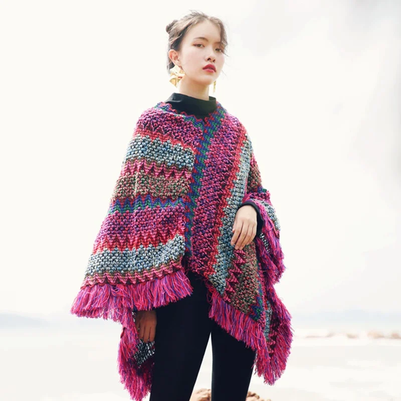 

Womail Women Blanket Stripe Splicing Coat Wrap Cozy Shawl Scarf Wrap Shawl Winter Women'S Vintage Long Sweater DD2443