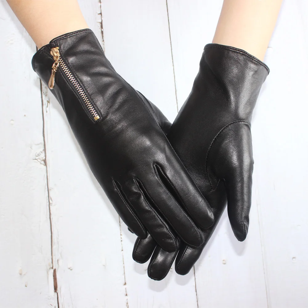 New touch screen women\'s sheepskin gloves leather fleece lined fashion zipper warm autumn and winter outdoor driving gloves