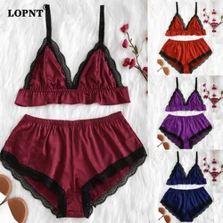 LOPNT Mulheres Pijamas de Renda Dividir Conjunto de Pijamas de Pano Brilhante Roupa de Dormir Sutiã Top + Shorts Lingerie Sexy Camisola Roupa Interior