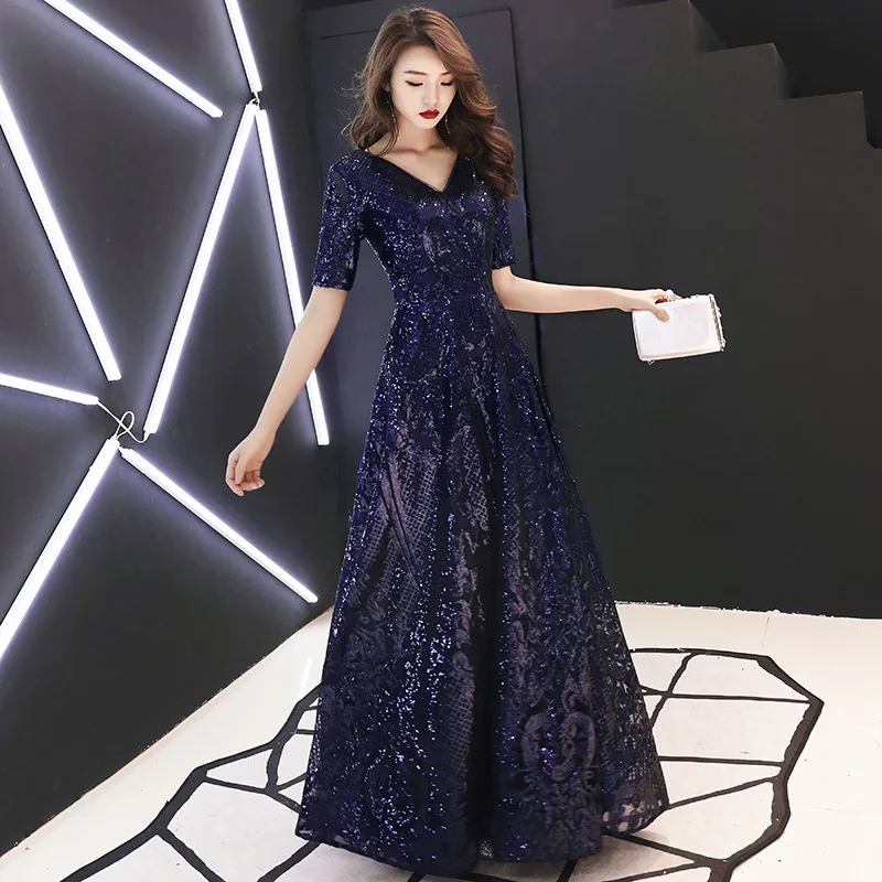 Evening Dresses V-neck it\'s Yiiya AR264 Sparkling Navy Blue Sequins Robe De Soiree Short Sleeve Elegant Long Evening Dress