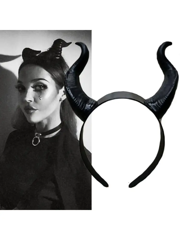 Halloween Witch Black Long Ox Horn Headband Evil Queen Cosplay Glitter Hair Hoop 