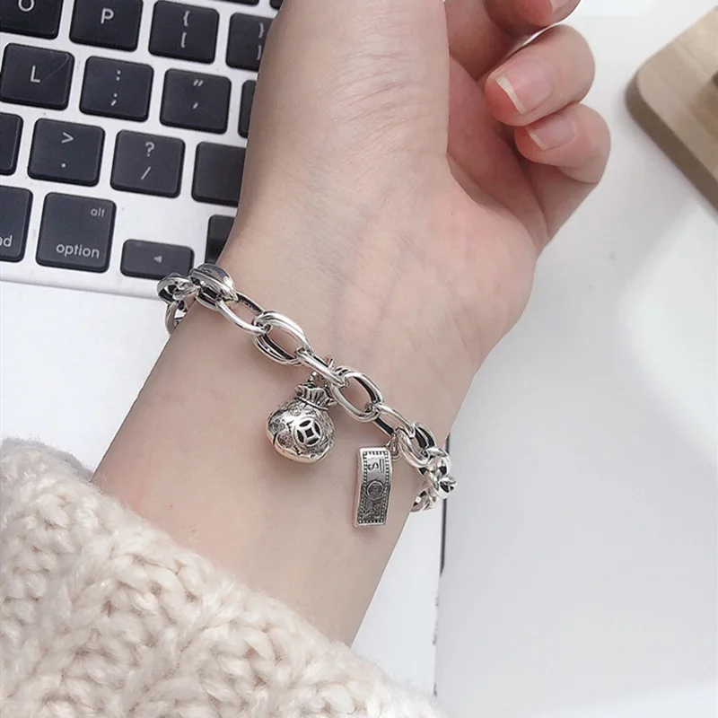 Korea S925 Sterling Silver Retro Do Old Dollar money Bag Chain Bracelet Female Personality Hip Hop Style For Women