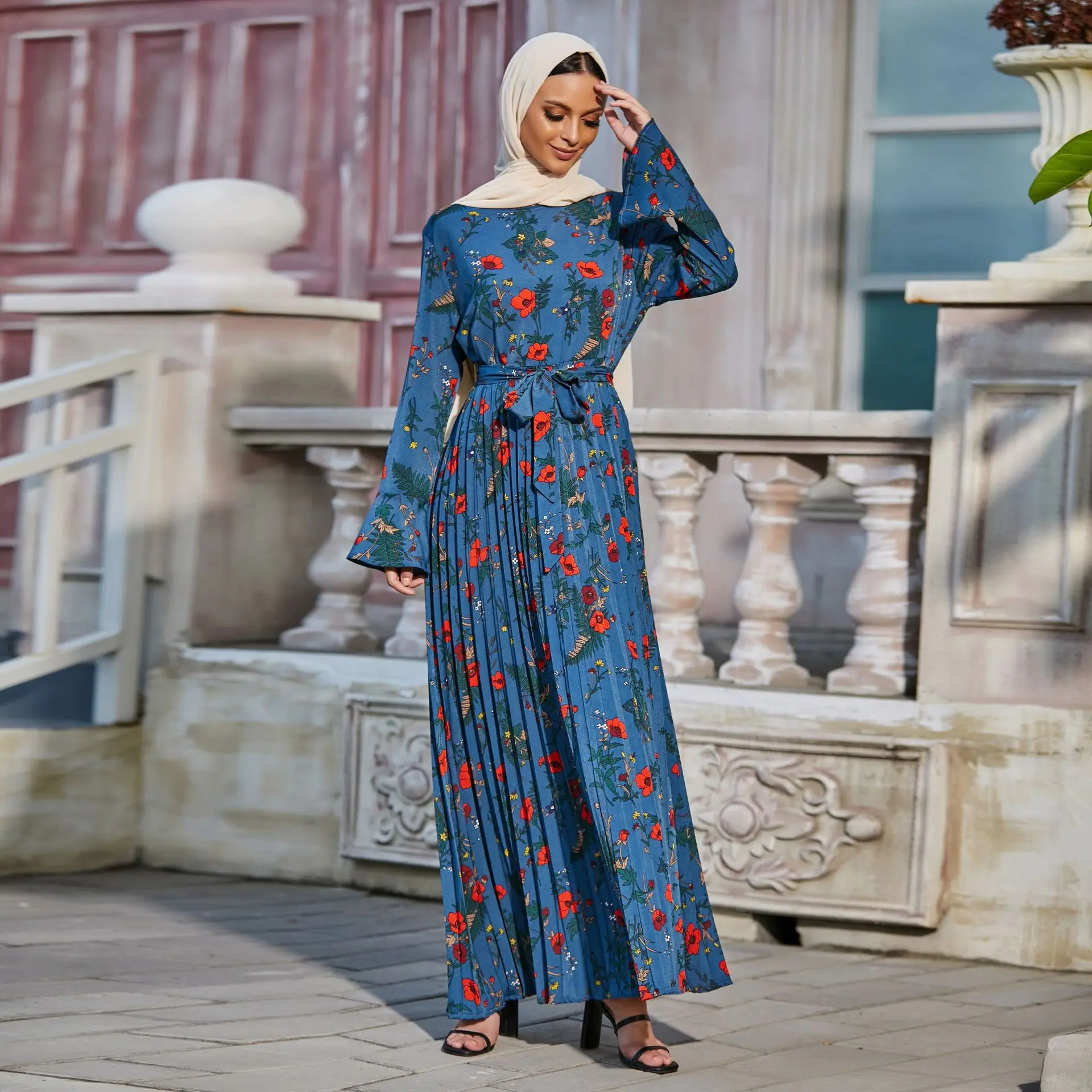 Ramadan Print floral Muslim abayas Islamic Eid casual robes syari abaya female full length Pleated islamic muslim Dress F2976