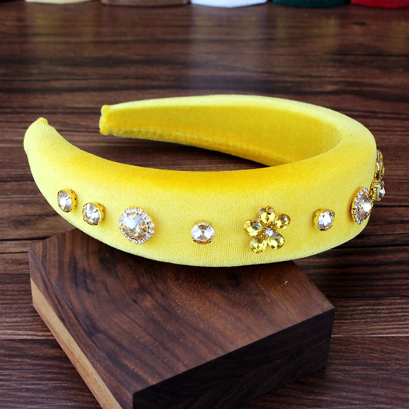 Simple Yellow Black Crystal Flower Padded Hairband Rhinestone Women Headband Luxury Headdress For Girls Fashion Hair Accessories