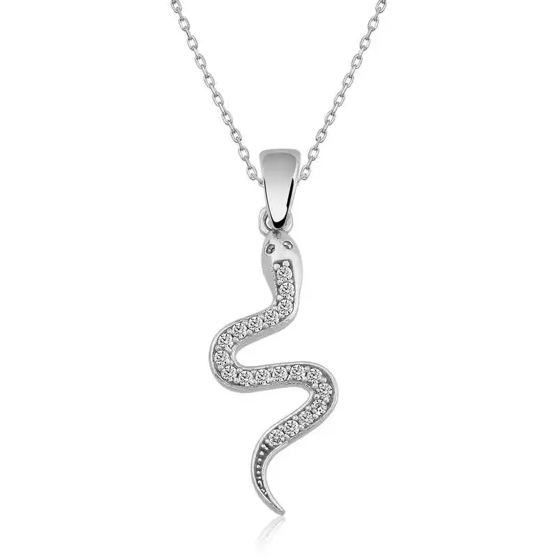 Silver Snake Lady Necklace 925 Sterling Women Fine Jewelry Wedding Party Birthday Gift - Box - Zircon Stone - Pendant - Chain Choker - Female - Ladies - Fashion