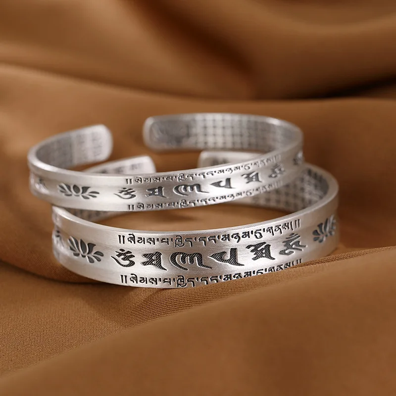 

★ways is opening six words couple bracelet solid fine silver lotus heart sutra bracelets bracelets for men and women