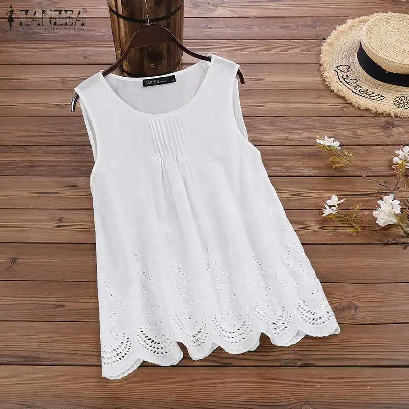 ZANZEA 2023 Lace Tops Women\'s Hollow Bllouse Elegant Casual Summer Tank Tunic Female O Neck Sleeveless Blusas  Chemise