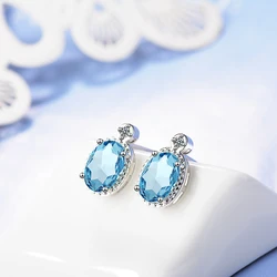 Oval 1.8 Carat Natural Sky Blue Topaz Birthstone Stud Earrings Genuine 925 Sterling Silver Fine Jewelry For Women Wedding Gift