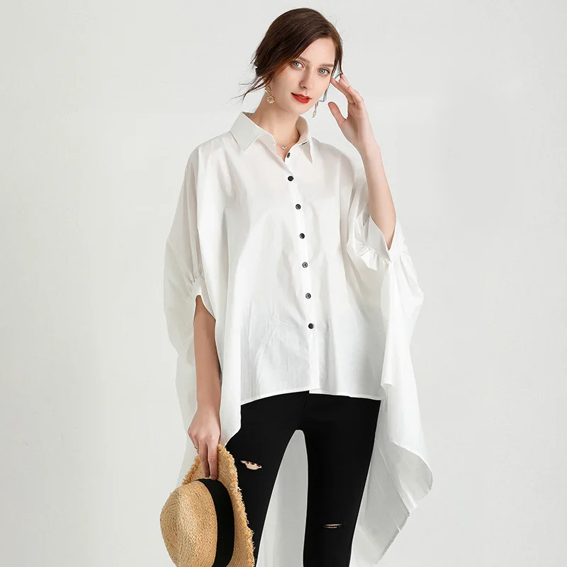 

Euramerican-Women's Turn-Down Collar Shirt, Casual Half Sleeve, Irregular Elegant Shirt, Black and White, Summer Fashion, New