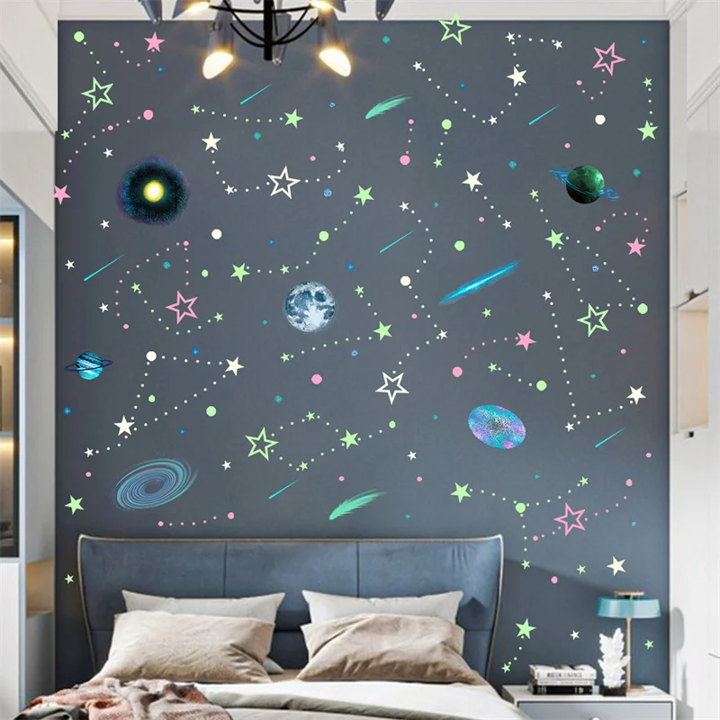 Glow in The Dark Planets Wall Stickers Kids Bedroom Decor Luminous Stars Decals Phosphorescent Mural Room Aesthetic Decoration