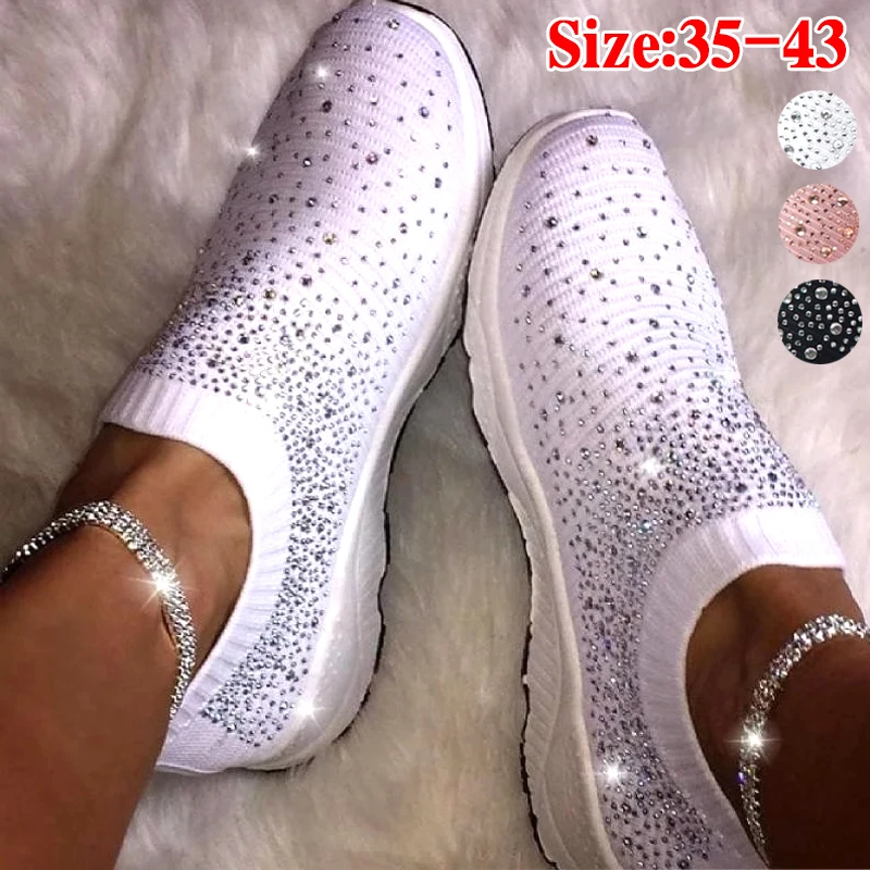 

New Women Ankle Shoes Ladies Bling Flats Woman Fashion Loafers Crystal Womens Sneakers Casual Slip on Mesh Tennis Shoes