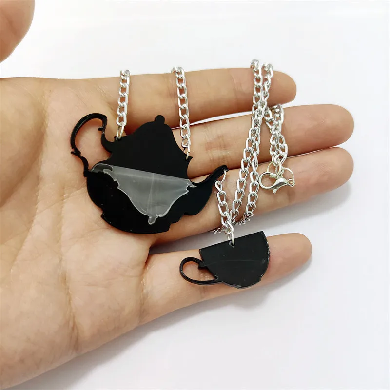 KUGUYS Fashion Acrylic Jewelry Women Black Teapot Pendant Necklace for Mens Silver Color Chain HipHop Rock Necklaces