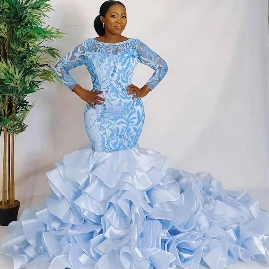 Aso Ebi Light Blue ชุดราตรียาวแขนลูกไม้ Appliques Mermaid Prom ชุด Ruffles ฉัตรด้านล่าง Gowns อย่างเป็นทางการ