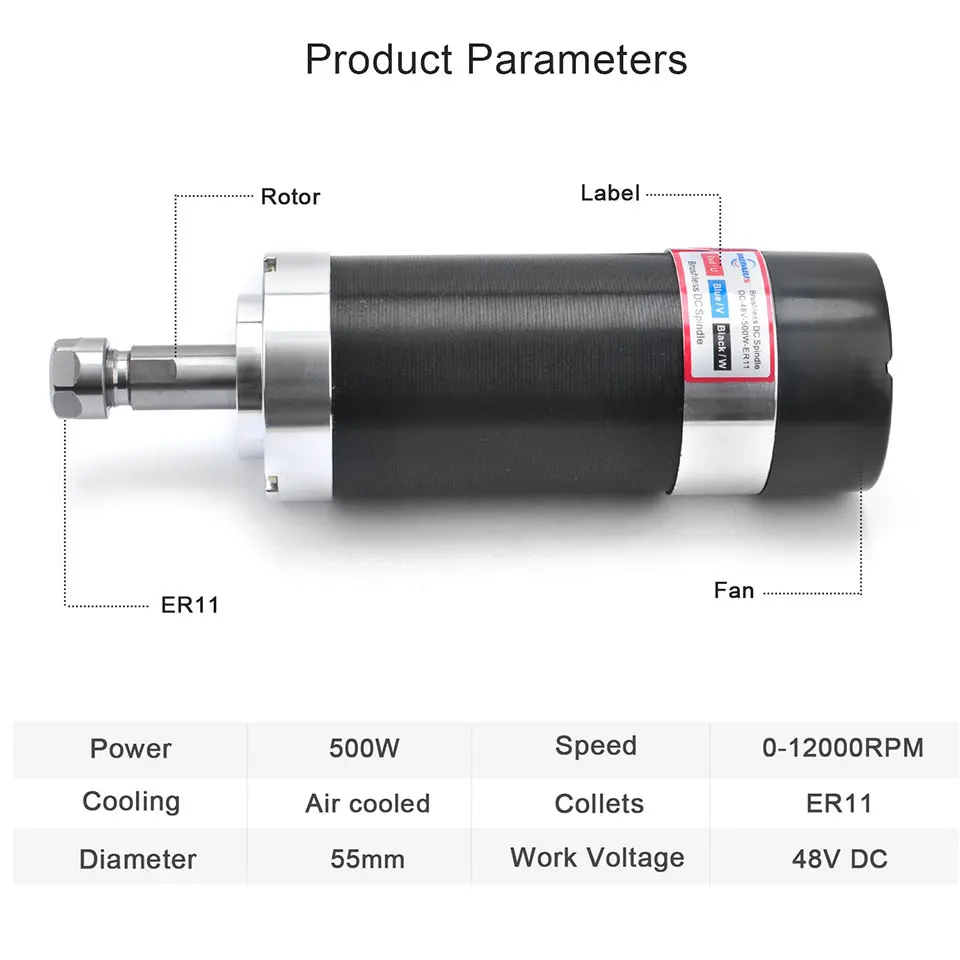 Daedalus 500w Brushless Spindle Motor ER11 DC Motor for CNC Milling with Power Supply Driver 55MM Clamp Bracket ER11 Collets