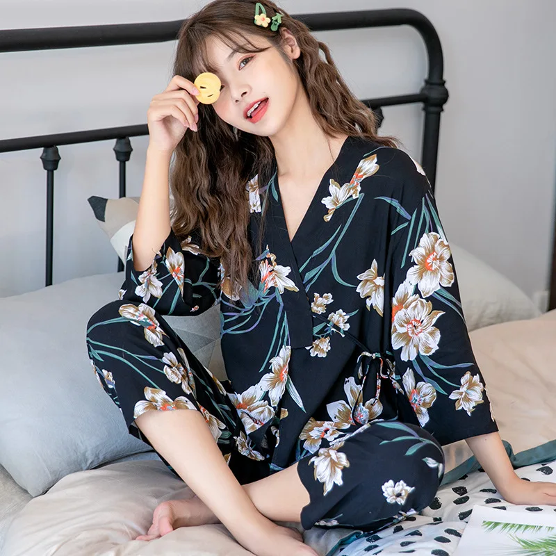 3Pcs Women's Pajamas Sets Cotton Japanese Kimono Cardigan New Silk Women Trouser Suit Long Sleeve Summer Sexy Sling Exterior