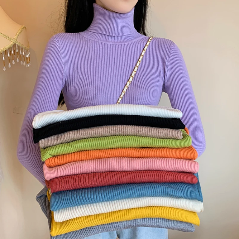 JMPRS Turtleneck Women Sweater Fall Long Sleeve Female Basic Knitted Jumper High Elastic Simple Solid Color Tops Dropshipping