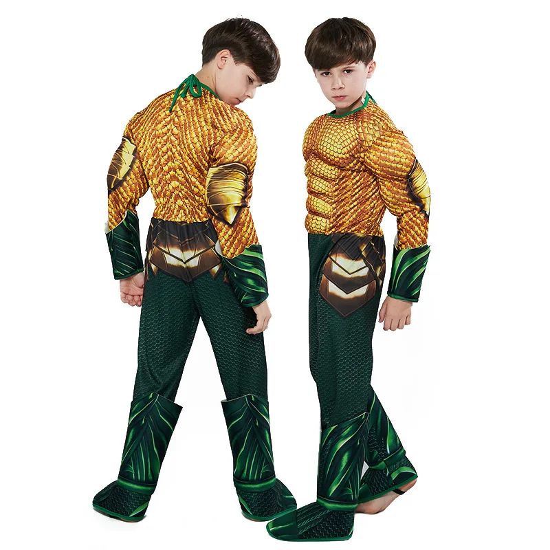 Costume d'Aquaman doré pour enfants, combinaison de cosplay musculaire pour garçons, olympiques de héros souriants, vêtements d'Halloween pour enfants, nouveau