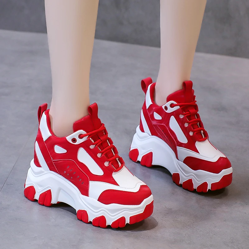 Herfst Vrouwen Lace-Up Chunky Sneakers Designer Black Dad Schoenen Hoge Platform Ulzzang Lederen Schoenen Ademend Toevallige Sportschoenen