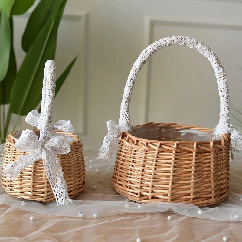 Cesta de flores de ratán tejida a mano para ceremonia de boda, cesta de almacenamiento Vintage con lazo de arpillera de encaje, suministros para