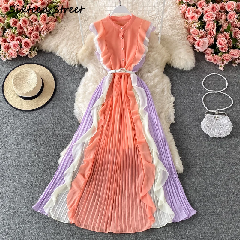 ชุด Maxi สำหรับผู้หญิงฤดูร้อน Ruffled ชีฟองจีบแฟชั่น Elegant Y2k Vestido De Mujer เซ็กซี่ Vintage เสื้อผ้าผู้หญิง