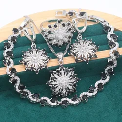 Black Zircon Exquisite 925 Silver Jewelry Sets For Women Bracelet Earrings Wedding Necklace pendant Ring  Gift 4PCS