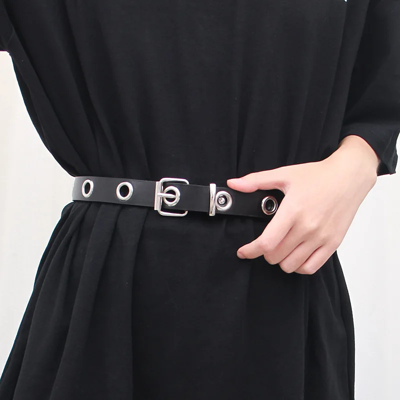 Fashion Harajuku Women Punk Chain Belt Adjustable Black Double/Single Eyelet Grommet Metal Buckle Leather Waistband For Jeans